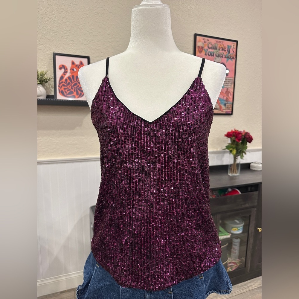 Express Sequin V-Neck Cami Top Purple Women’s Small Y2K